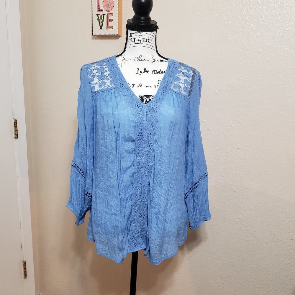 Powder Blue Gauze Blouse with Lace Cutout Back by JohnPaulRichard Size L
